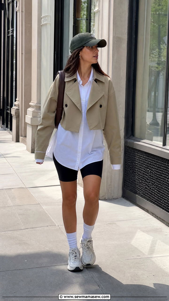 Cropped Trench Coat With Biker Shorts - 25 classy cropped trench outfits
