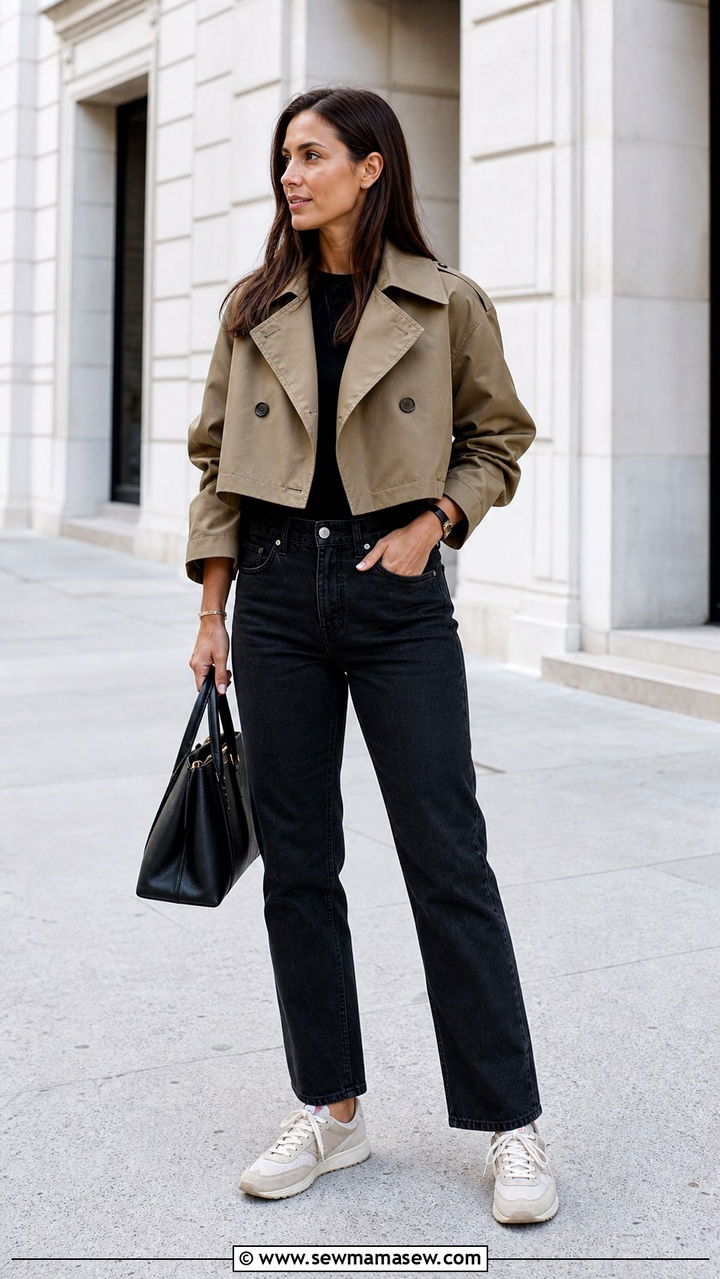 Cropped Trench Coat With Black Jeans And Sneakers - 40 cropped trench outfits