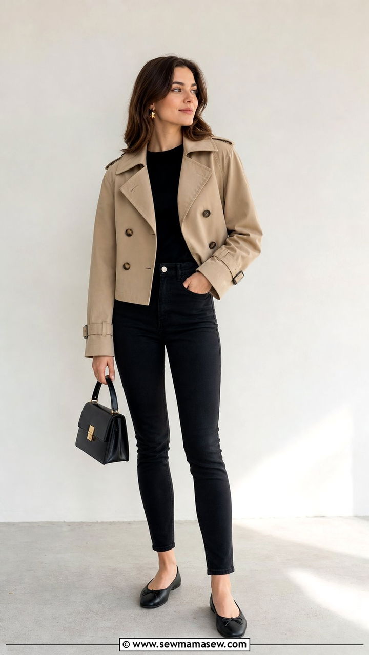 Cropped Trench Coat With Black Skinny Jeans And Ballet Flats - 35 casual cropped trench coat outfits