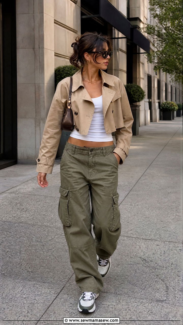 Cropped Trench Coat With Cargo Pants And Sporty Sneakers - 30 cropped trench coat outfit ideas for women