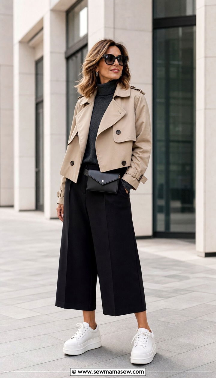 Cropped Trench Coat With Culottes And Platform Sneakers - 25 cropped trench coat outfits for women over 40