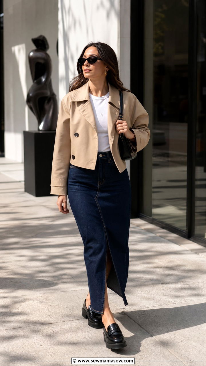 Cropped Trench Coat With Denim Maxi Skirt And Platform Loafers - 30 cropped trench coat outfit ideas for women
