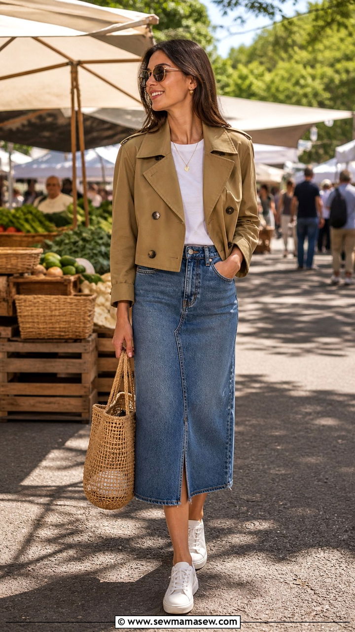 Cropped Trench Coat With Denim Skirt - 40 cropped trench outfits