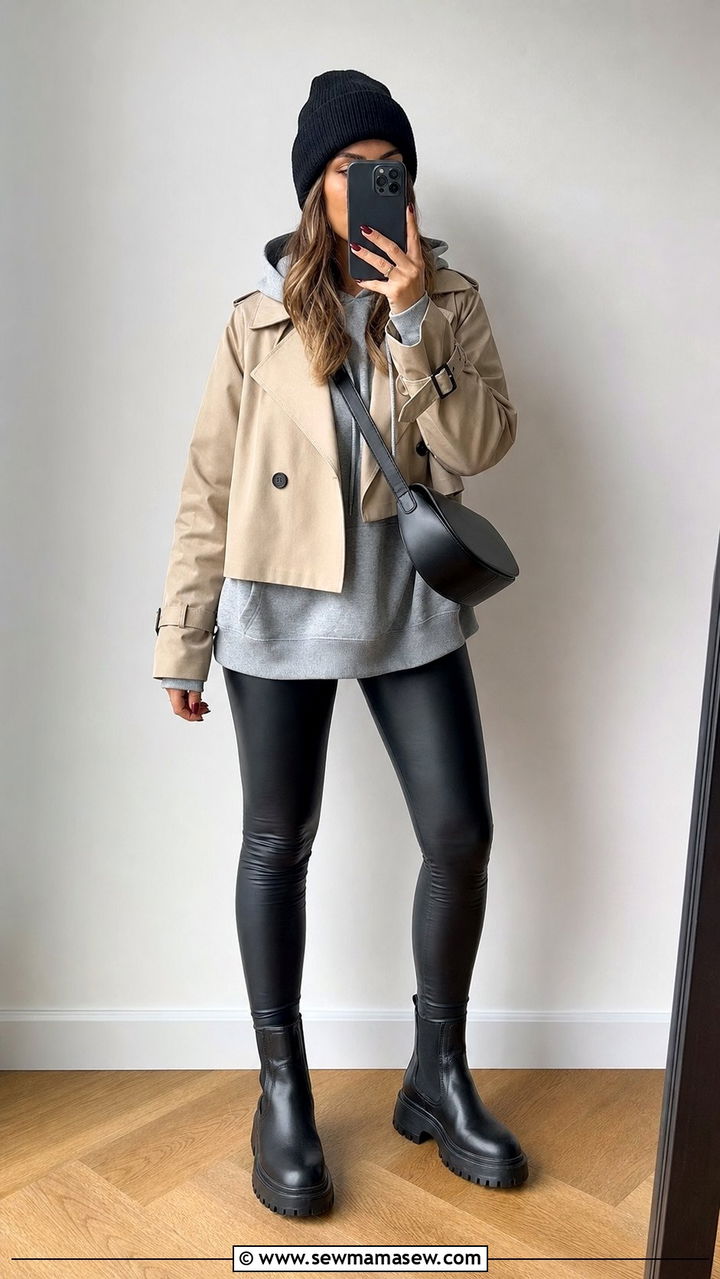 Cropped Trench Coat With Faux Leather Leggings And An Oversized Hoodie - 35 casual cropped trench coat outfits