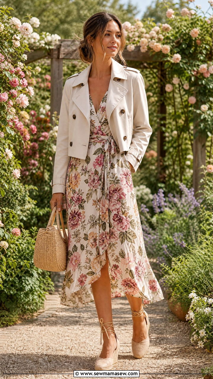 Cropped Trench Coat With Floral Dress - 25 classy cropped trench outfits