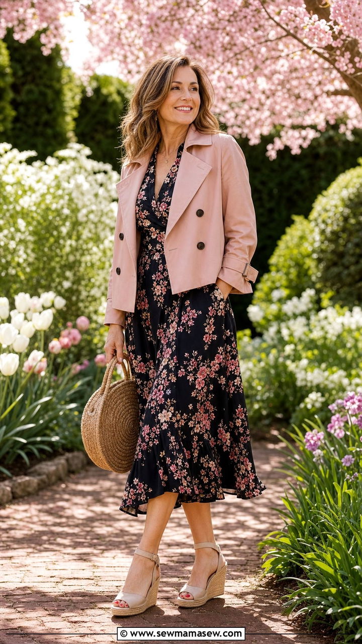 Cropped Trench Coat With Floral Midi Dress And Espadrilles - 25 cropped trench coat outfits for women over 40