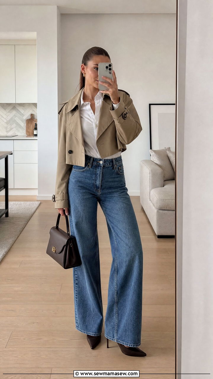 Cropped Trench Coat With High Waisted Jeans - 30 classy trench coat outfits