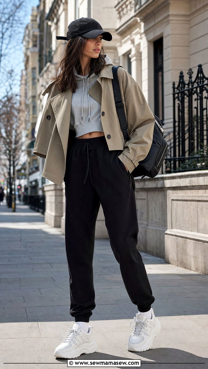 Cropped Trench Coat With Joggers And A Cropped Hoodie - 35 casual cropped trench coat outfits