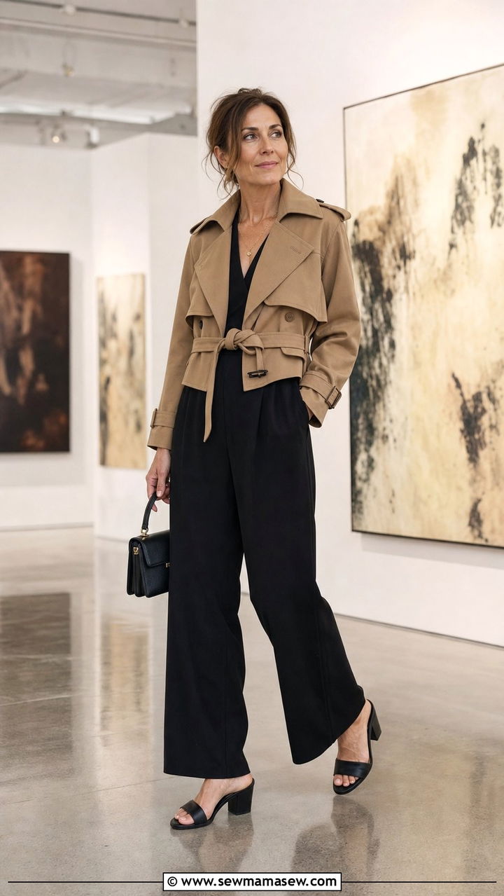 Cropped Trench Coat With Jumpsuit And Block Heel Mules - 25 cropped trench coat outfits for women over 40