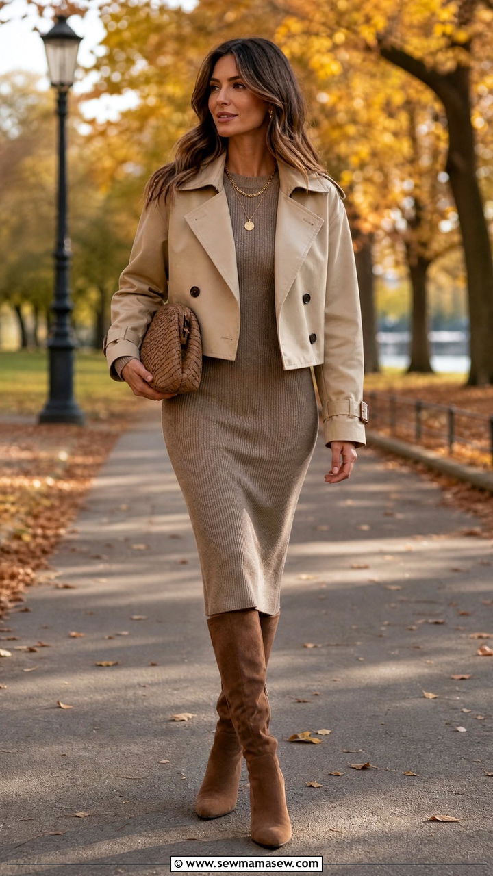 Cropped Trench Coat With Knit Midi Dress And Suede Boots - 30 cropped trench coat outfit ideas for women