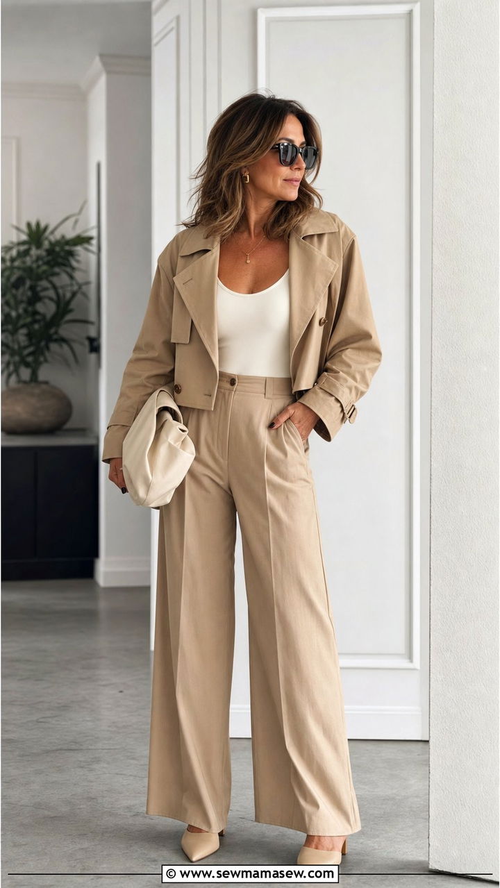 Cropped Trench Coat With Matching Trousers As A Suit Set - 25 cropped trench coat outfits for women over 40