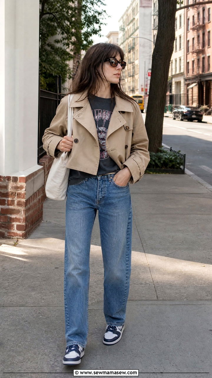 Cropped Trench Coat With Mid Rise 90s Jeans And Retro Sneakers - 30 cropped trench coat outfit ideas for women