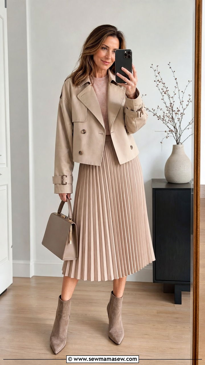 Cropped Trench Coat With Midi Skirt And Ankle Boots - 25 cropped trench coat outfits for women over 40