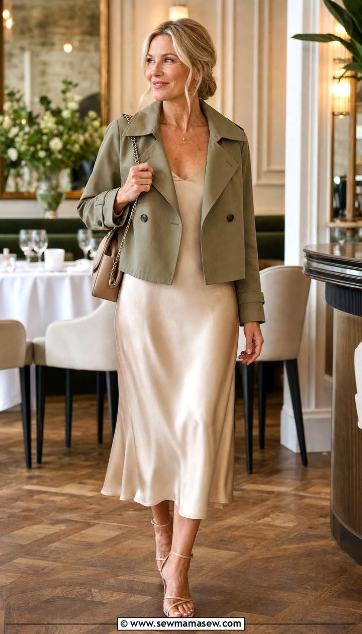 Cropped Trench Coat With Midi Slip Dress And Heeled Sandals - 25 cropped trench coat outfits for women over 40