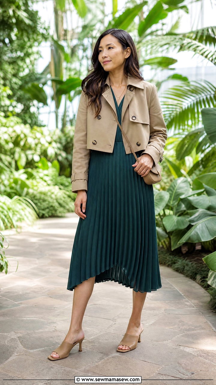 Cropped Trench Coat With Pleated Midi Dress - 25 classy cropped trench outfits