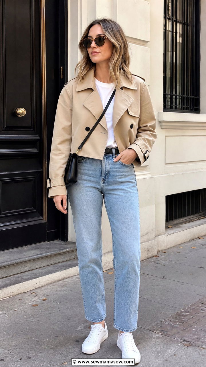Cropped Trench Coat With Straight Leg Jeans And White Sneakers - 30 cropped trench coat outfit ideas for women