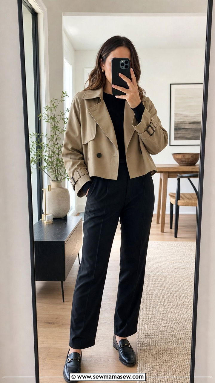 Cropped Trench Coat With Tailored Black Trousers - 25 spring cropped trench coat outfit ideas