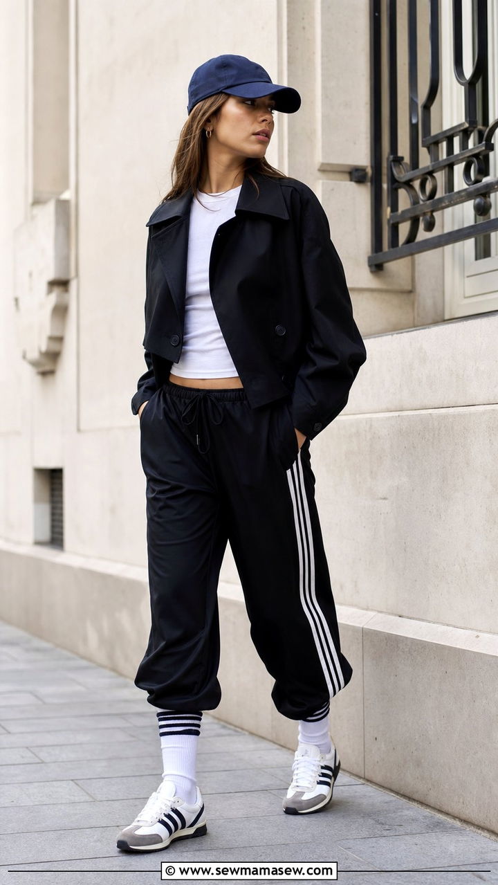 Cropped Trench Coat With Track Pants And Retro Sneakers - 35 casual cropped trench coat outfits