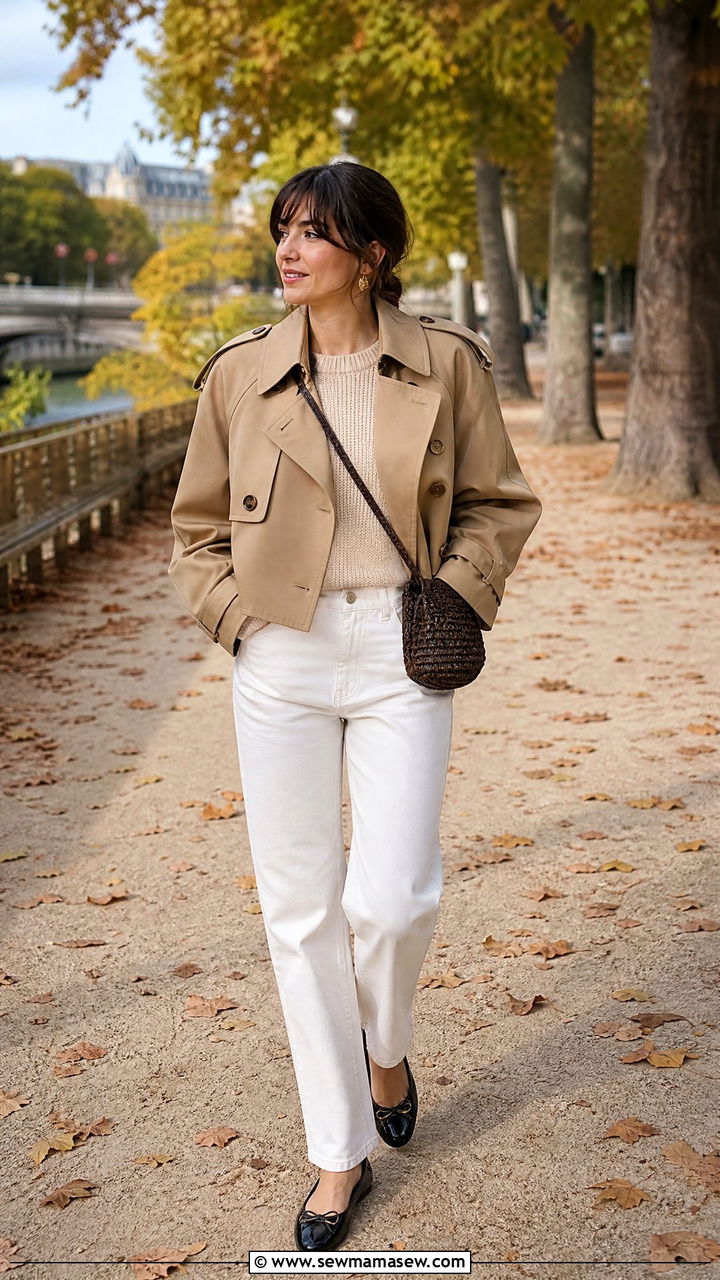 Cropped Trench Coat With White Denim Outfit - 30 French girl outfit ideas with jeans