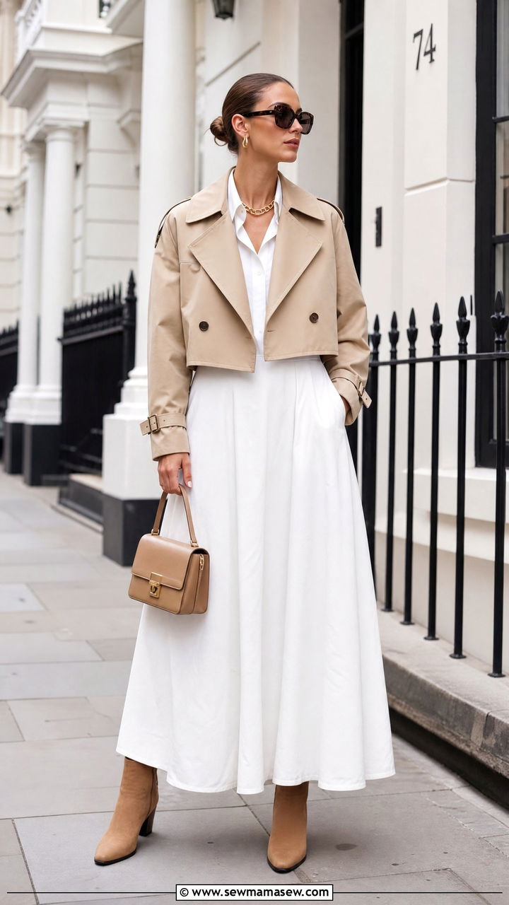 Cropped Trench Coat With White Maxi Skirt Outfit - 30 Late August outfit ideas