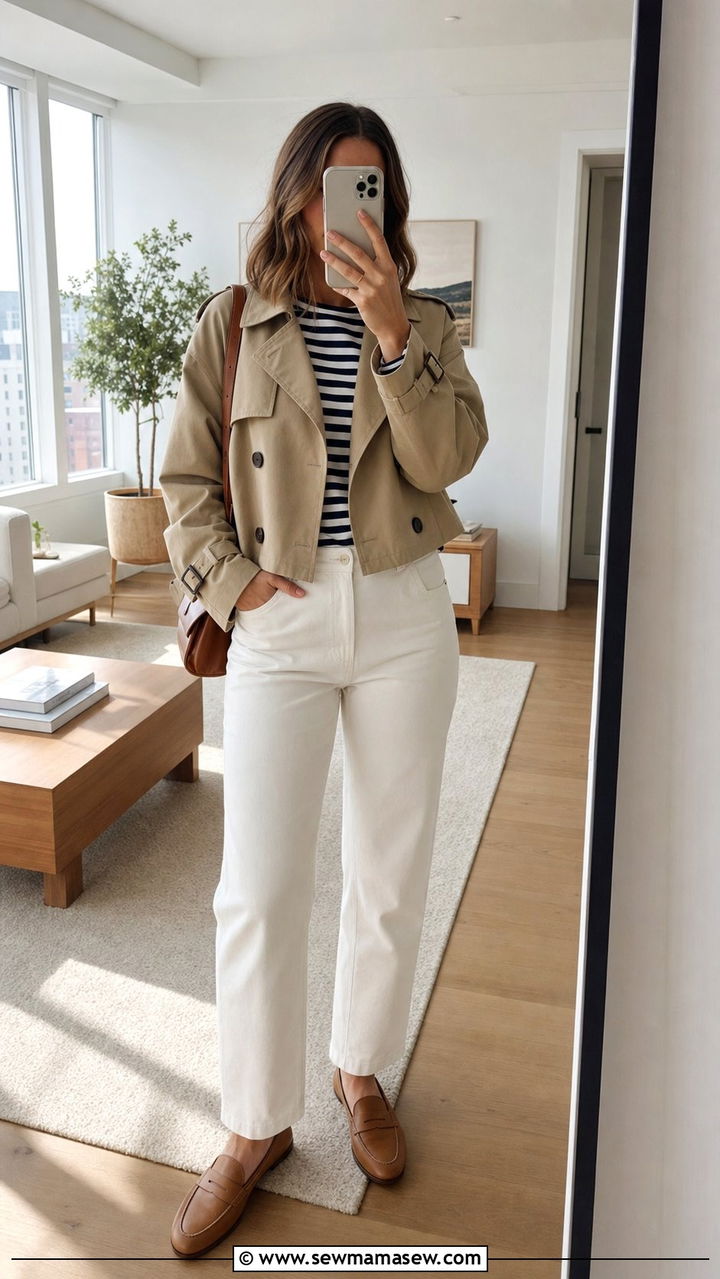 Cropped Trench Coat With White Straight Leg Trousers - 25 spring cropped trench coat outfit ideas