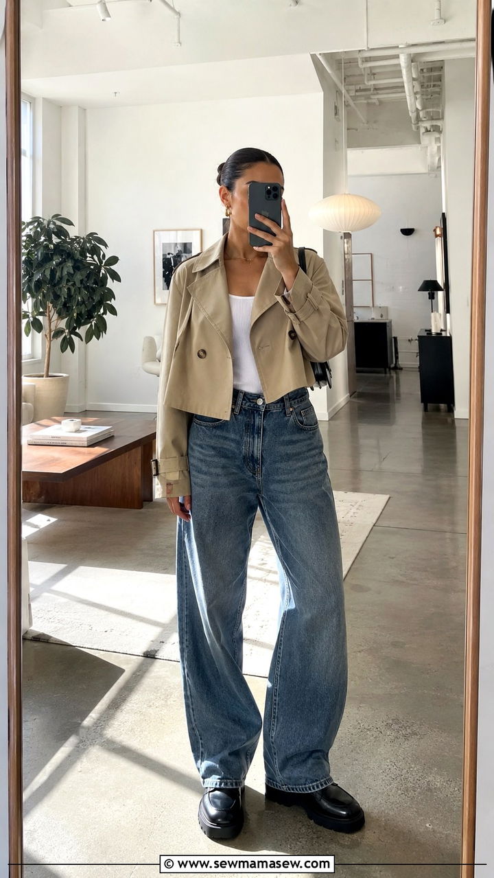 Cropped Trench Coat With Wide Leg Baggy Jeans and Loafers - 25 Baggy jeans outfit ideas with a trench coat