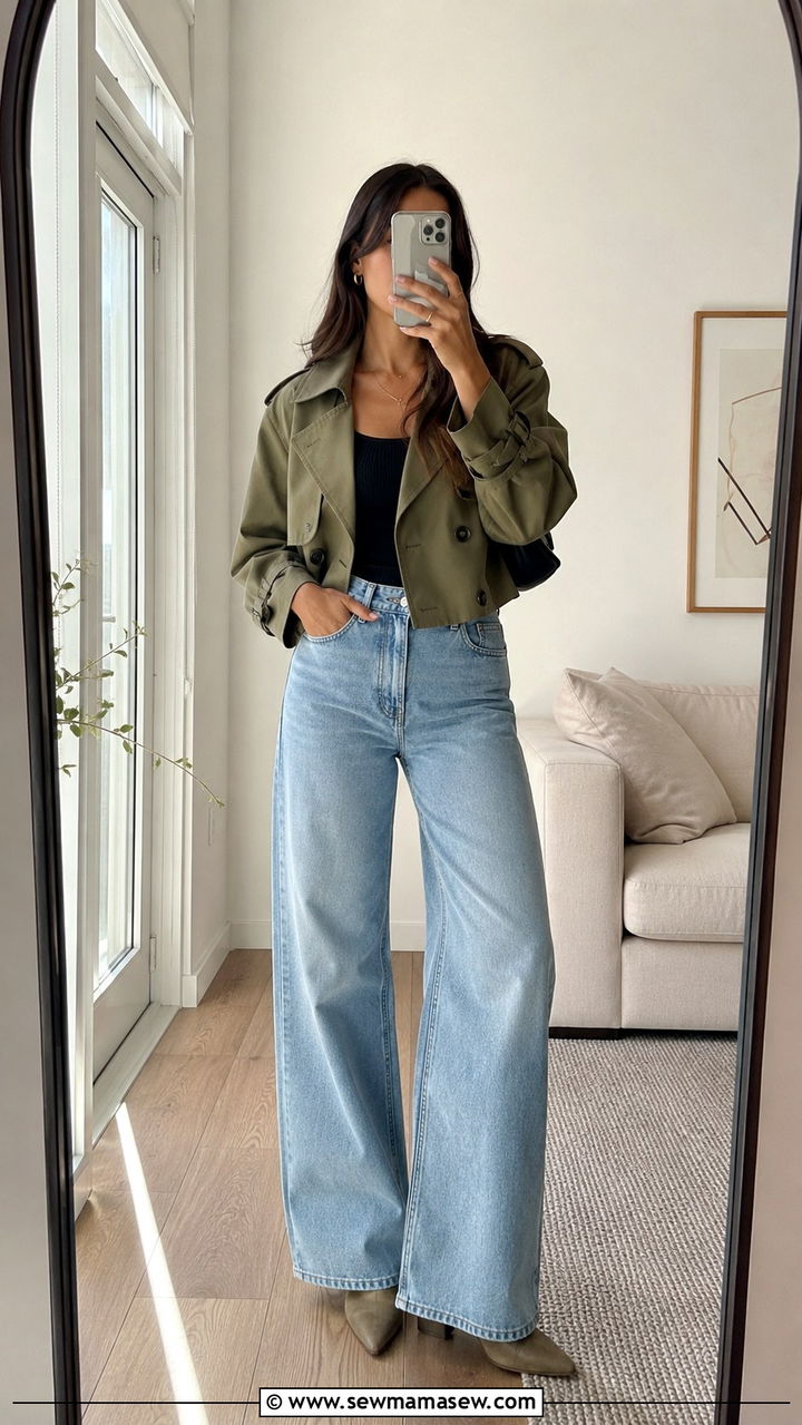 Cropped Trench Coat With Wide Leg Jeans - 30 chic trench coat outfit ideas