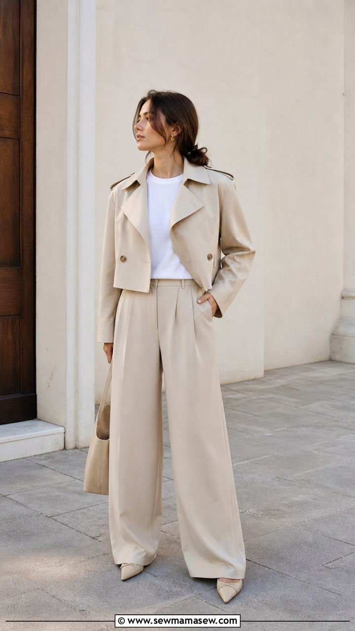 Cropped Trench Coat With Wide Leg Pants - 40 cropped trench outfits