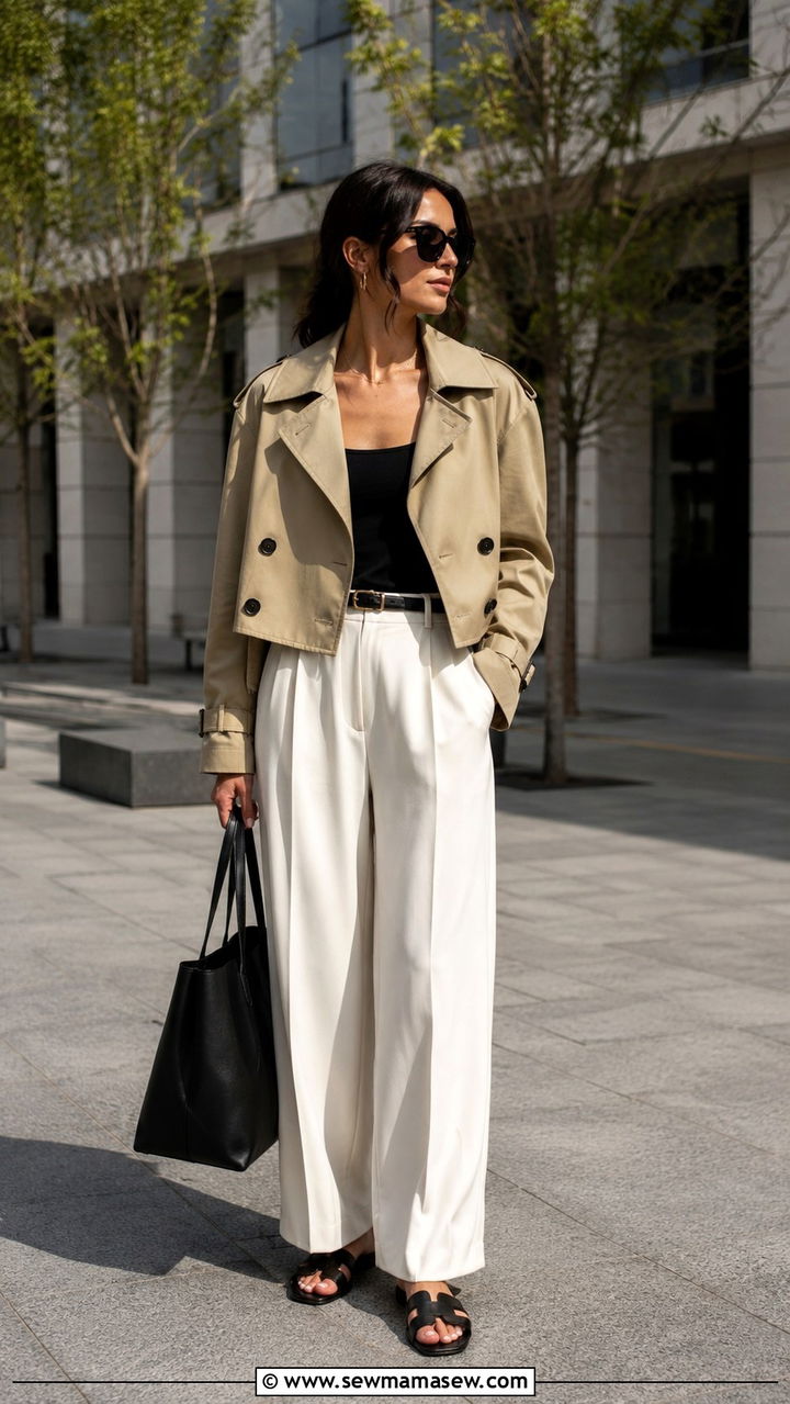 Cropped Trench Coat With Wide Leg Trousers - 25 May outfit ideas