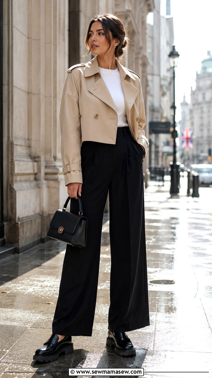 Cropped Trench Coat With Wide Leg Trousers - 25 rainy day outfits trends