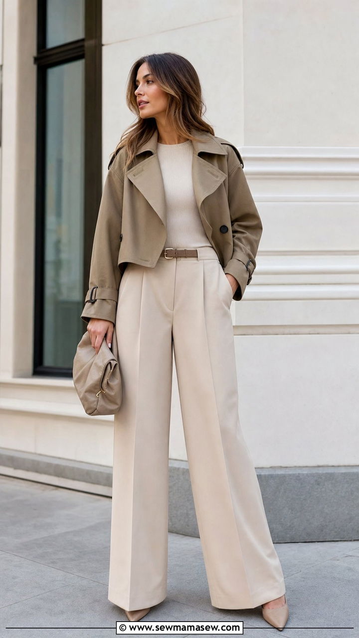 Cropped Trench Coat With Wide Leg Trousers - 25 spring cropped trench coat outfit ideas