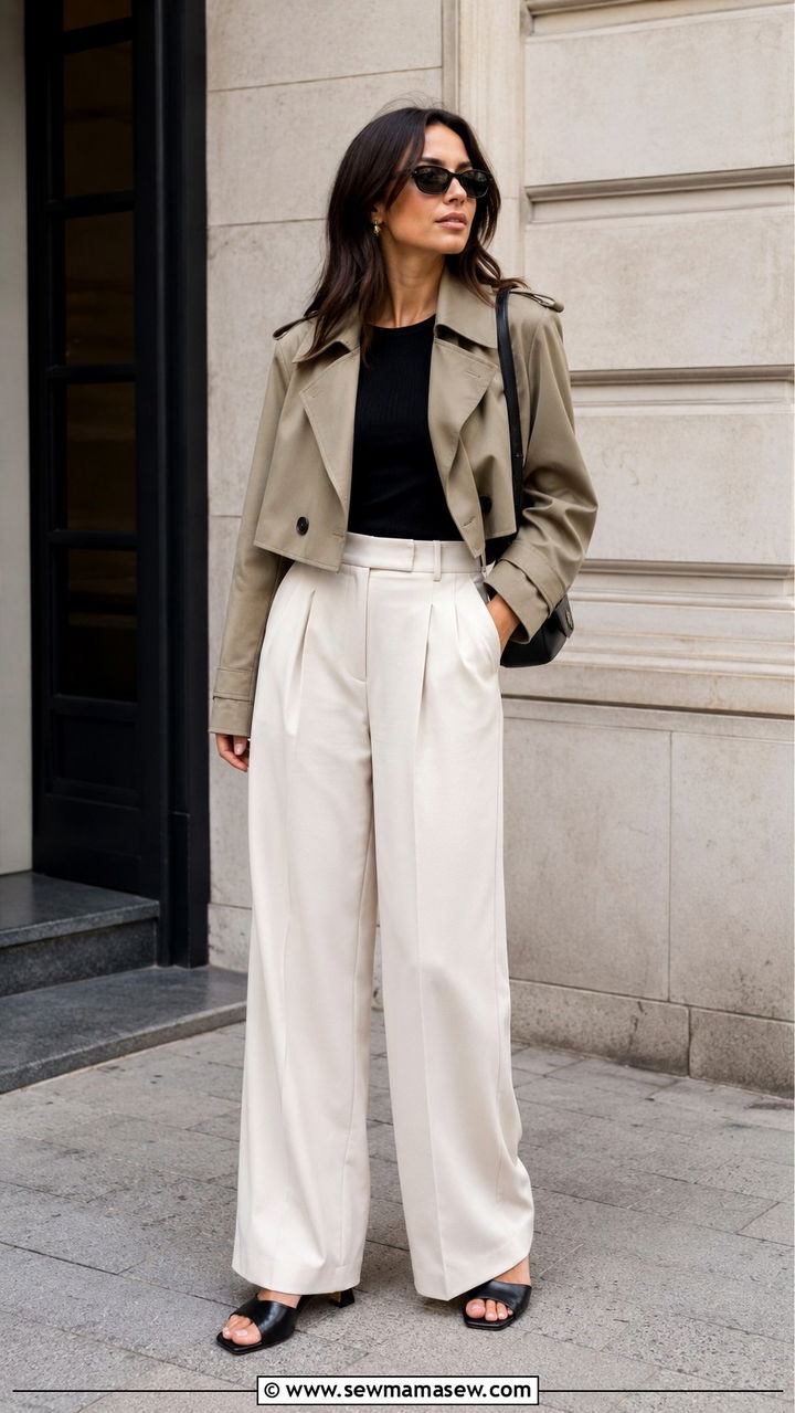 Cropped Trench Coat With Wide Leg Trousers - 30 Light jacket weather outfit ideas