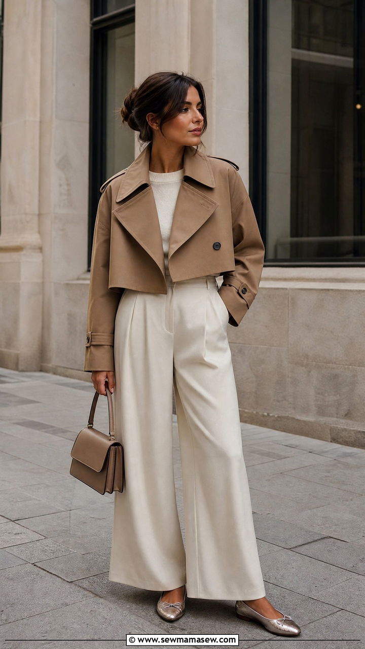 Cropped Trench Coat With Wide Leg Trousers And Ballet Flats - 30 cropped trench coat outfit ideas for women