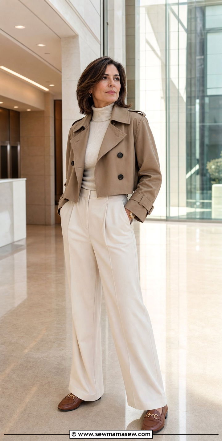 Cropped Trench Coat With Wide Leg Trousers And Loafers - 25 cropped trench coat outfits for women over 40