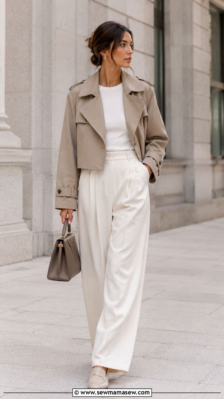 Cropped Trench Coat With Wide Leg Trousers - 20 spring art of the in between outfit ideas
