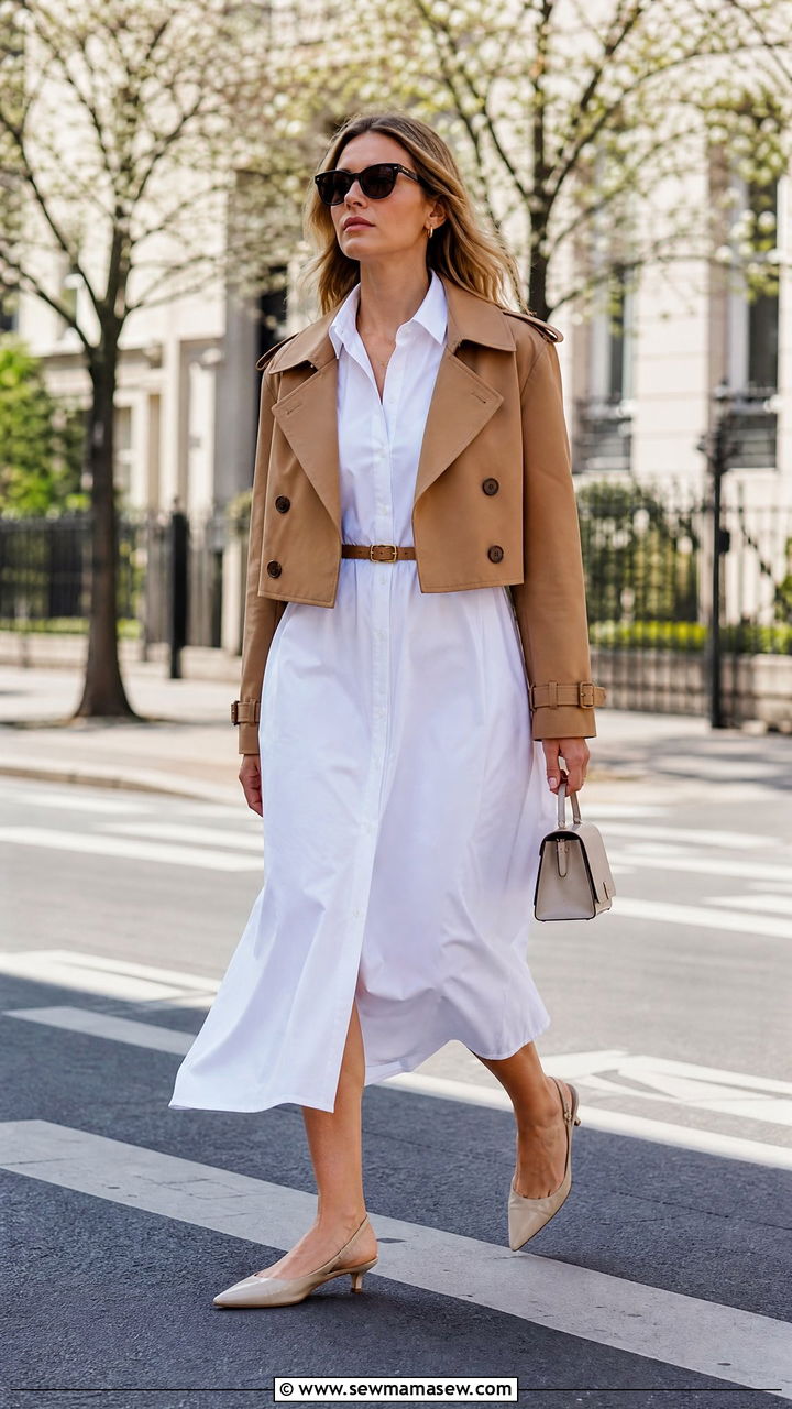 Cropped Trench Coat With a Button Down Shirt Dress and Kitten Heels - 30 Cool morning warm afternoon outfits