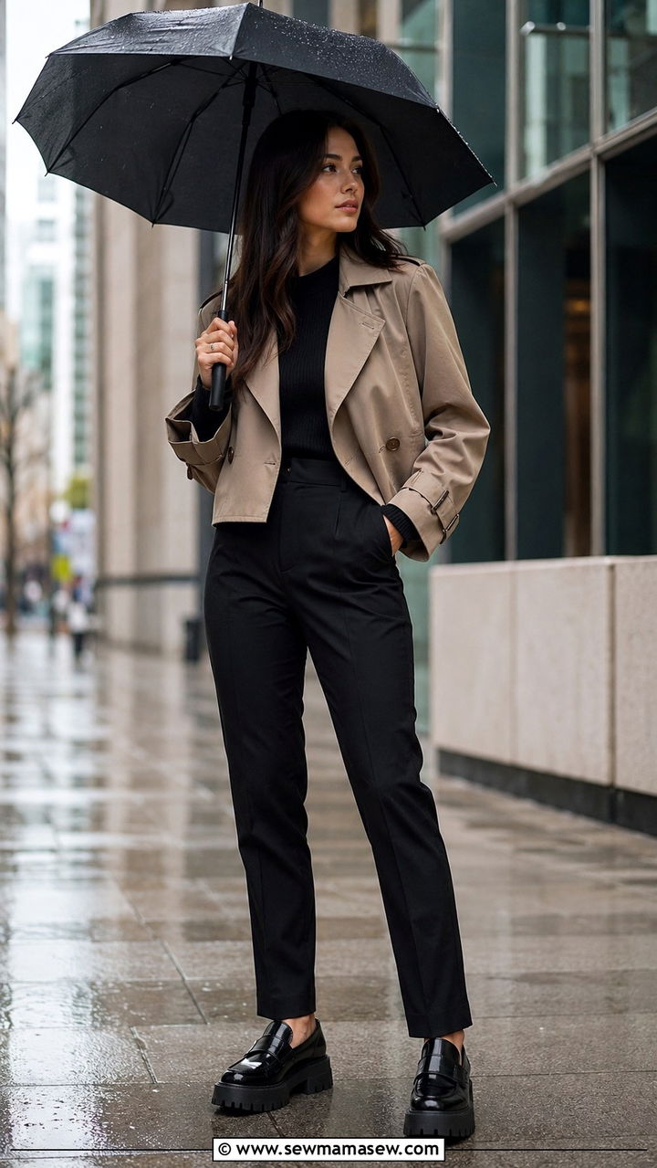 Cropped Trench Coat with Black Trousers and Platform Loafers - 20 rainy day outfits 2026