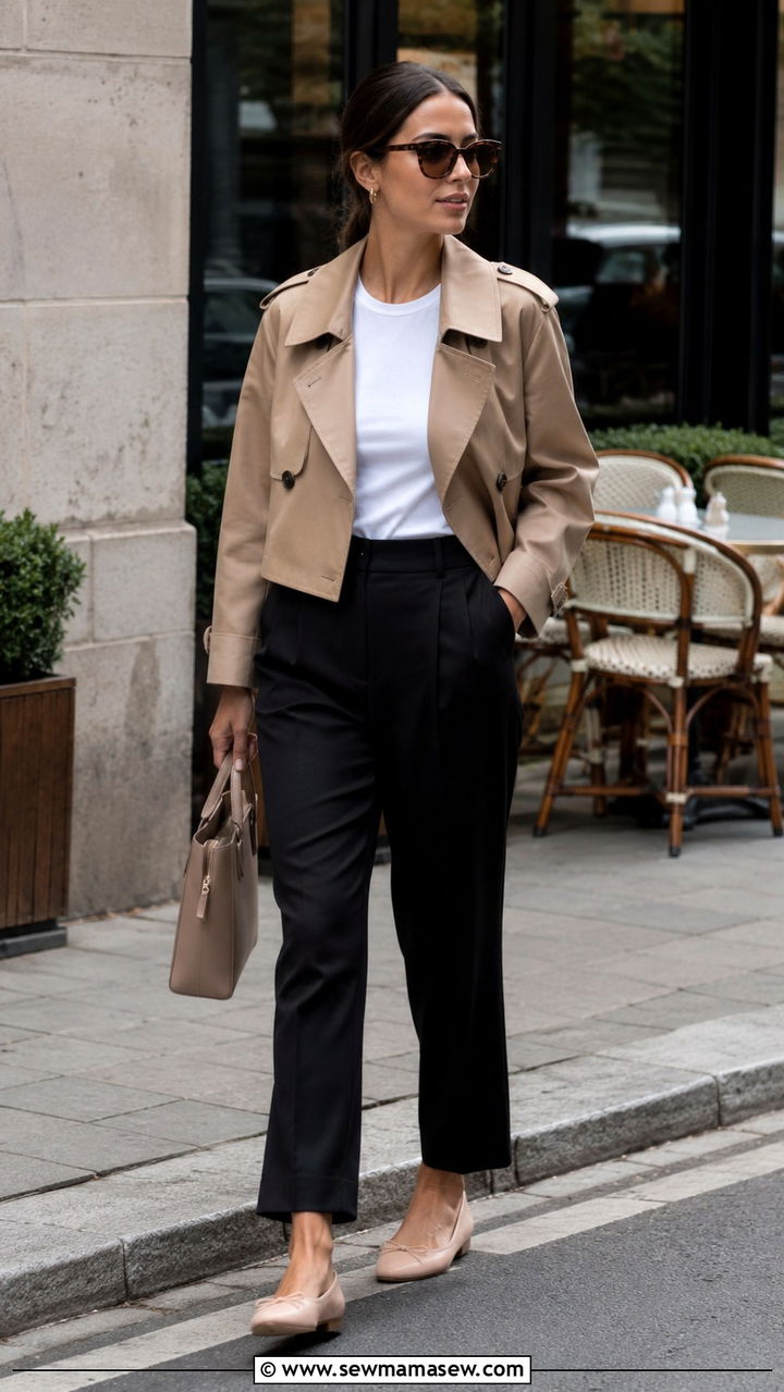 Cropped Trench Coat with High Waist Trousers and Ballet Flats - 30 transitional street style outfits