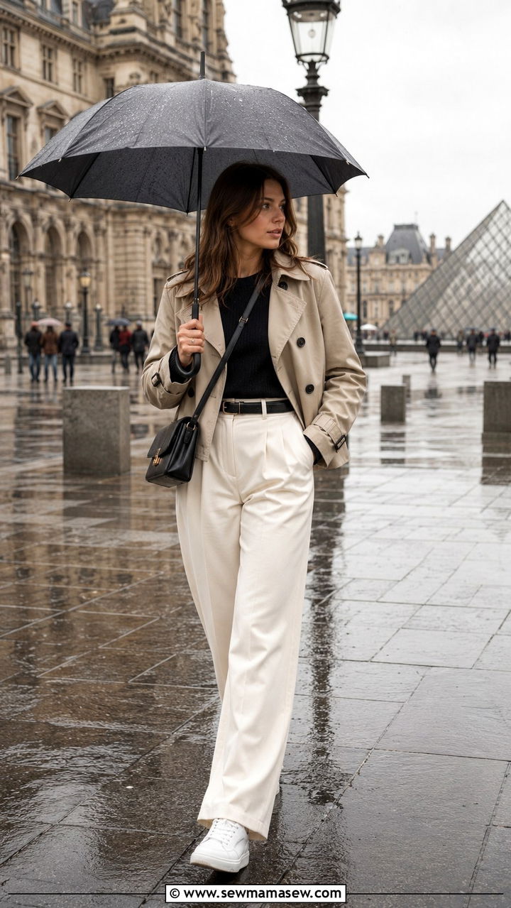 Cropped Trench Coat with High Waist Trousers and White Sneakers - 30 classy rainy day outfits