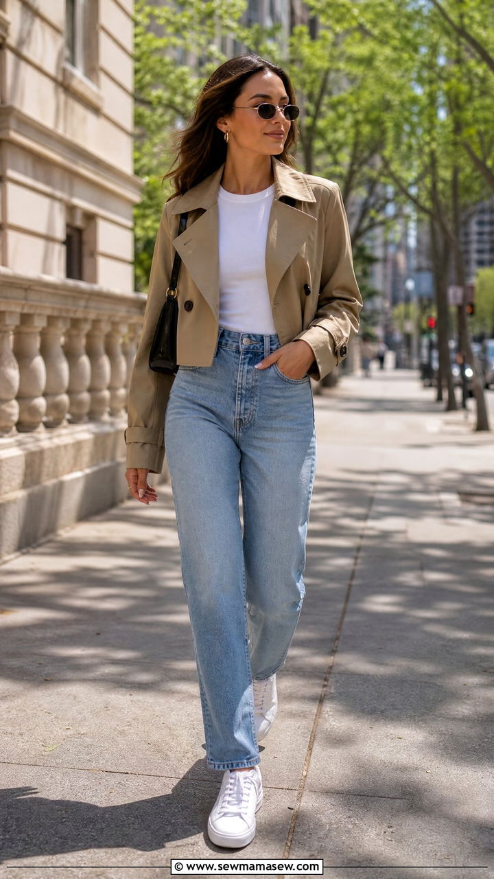 Cropped Trench Coat with High Waisted Jeans and Sneakers - 35 how to style trench coat