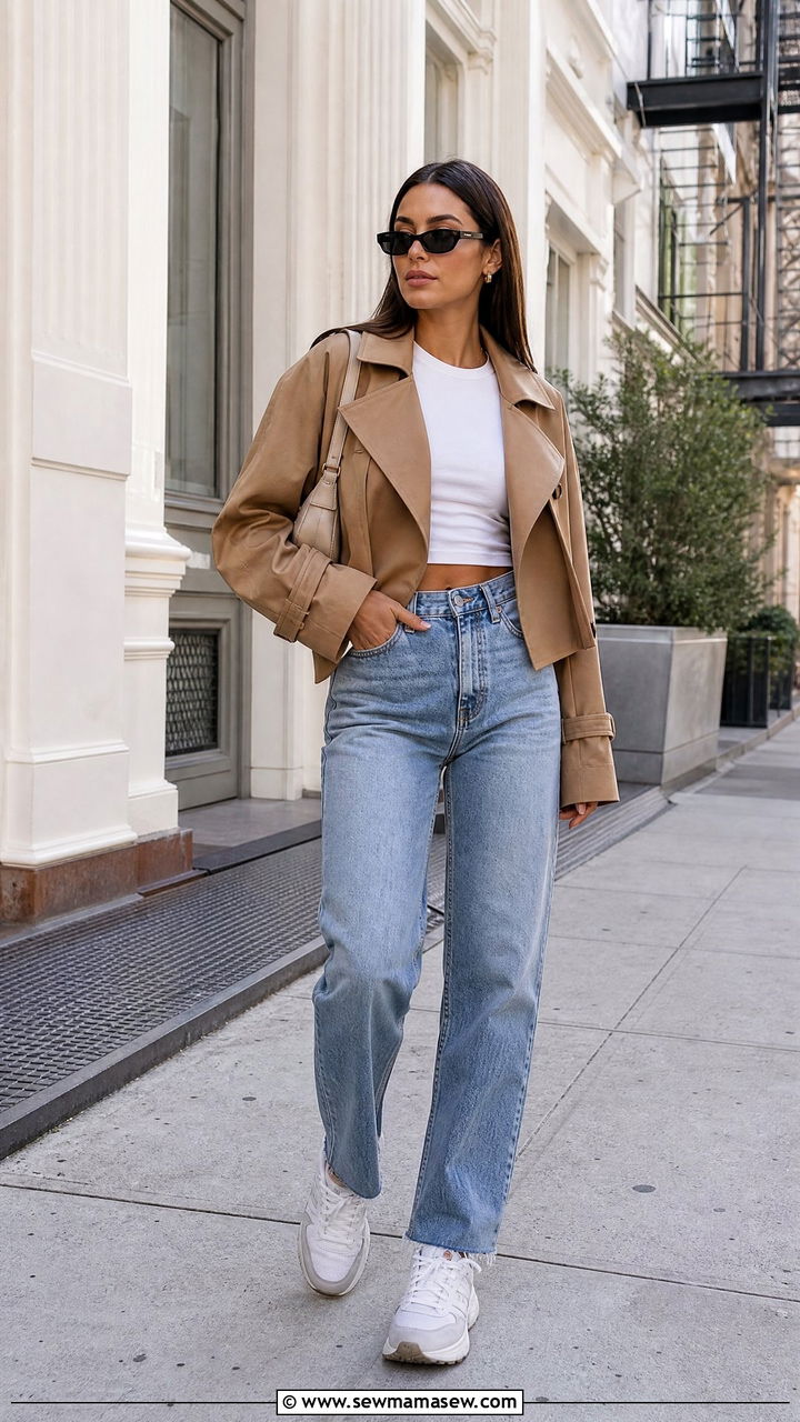 Cropped Trench Coat with High Waisted Straight Jeans - 30 Summer outfits with trench coats
