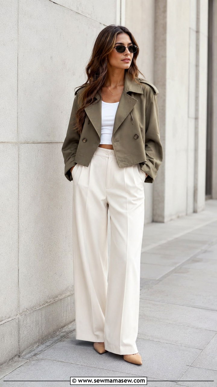 Cropped Trench Coat with High Waisted Wide Leg Trousers - 30 trench coat outfits inspo