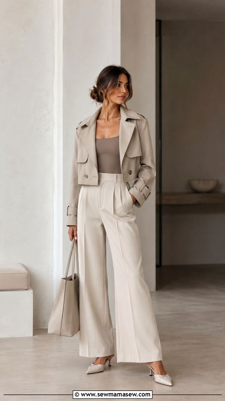 Cropped Trench Coat with High Waisted Wide Leg Trousers - 30 How to style a trench coat in summer