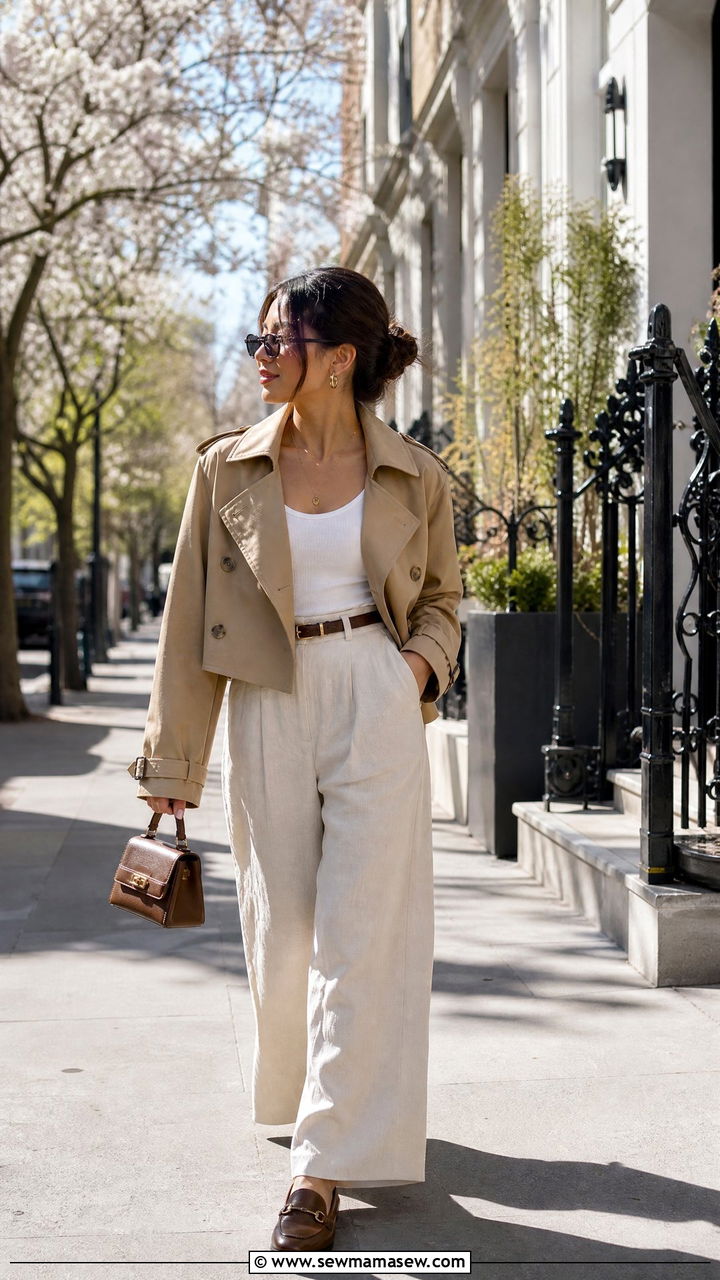 Cropped Trench Coat with Linen Trousers - 30 Brunch outfit ideas petite