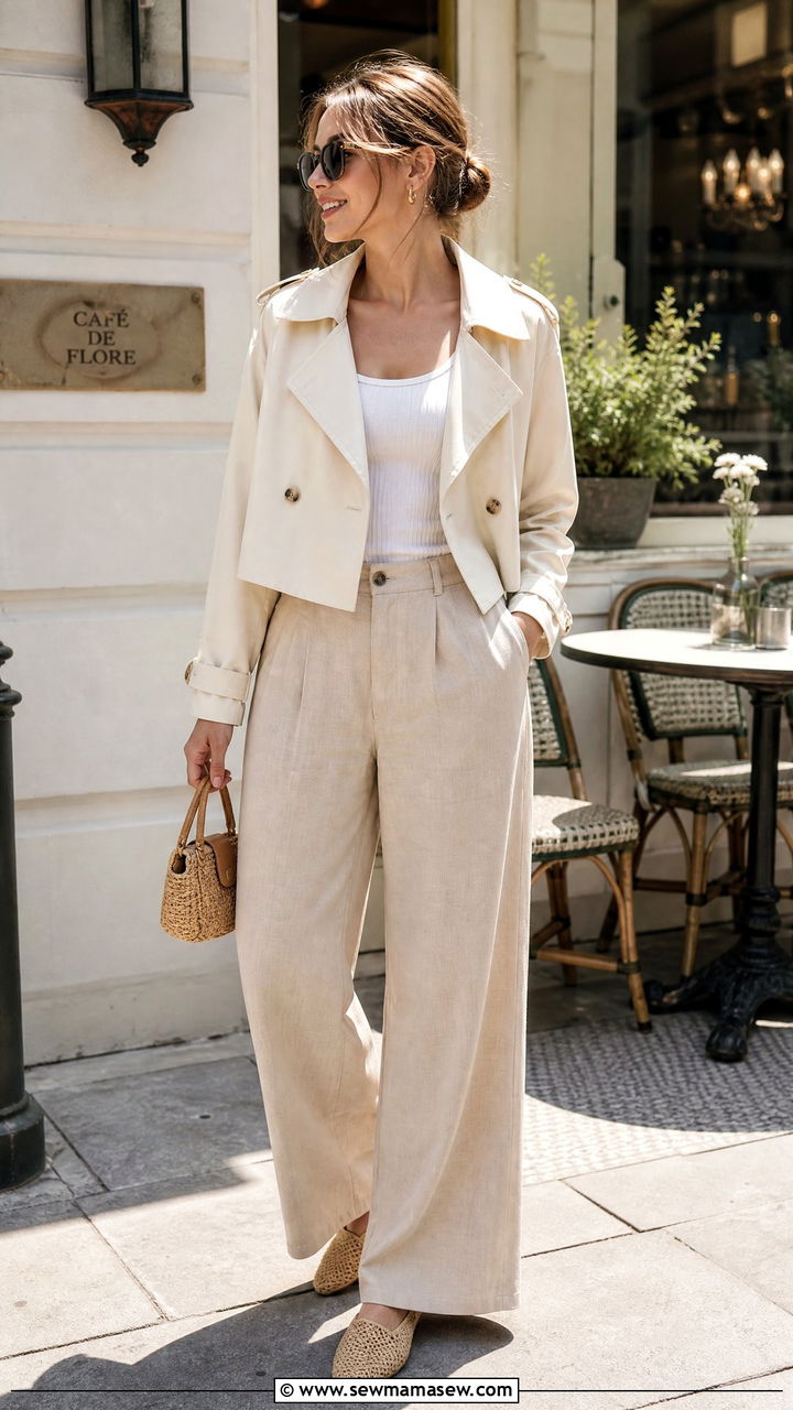 Cropped Trench Coat with Linen Wide Leg Pants - 30 Summer outfits with trench coats