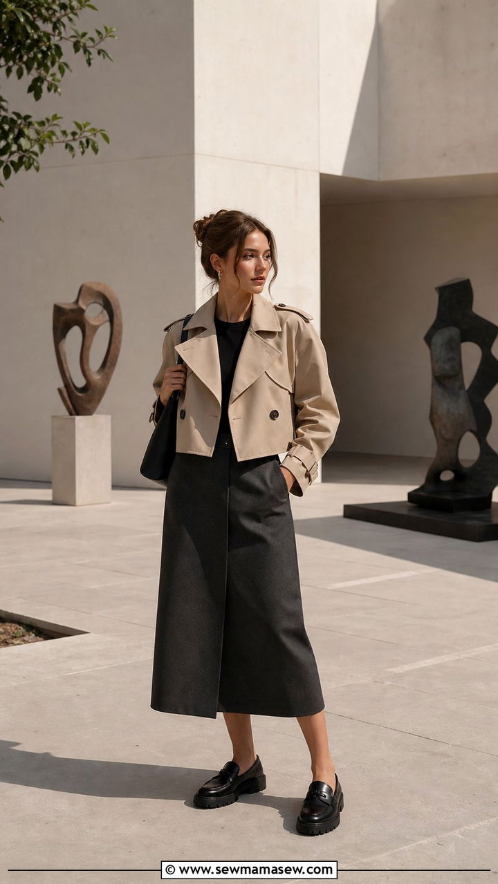 Cropped Trench Coat with Midi Skirt - 25 Early March outfit ideas