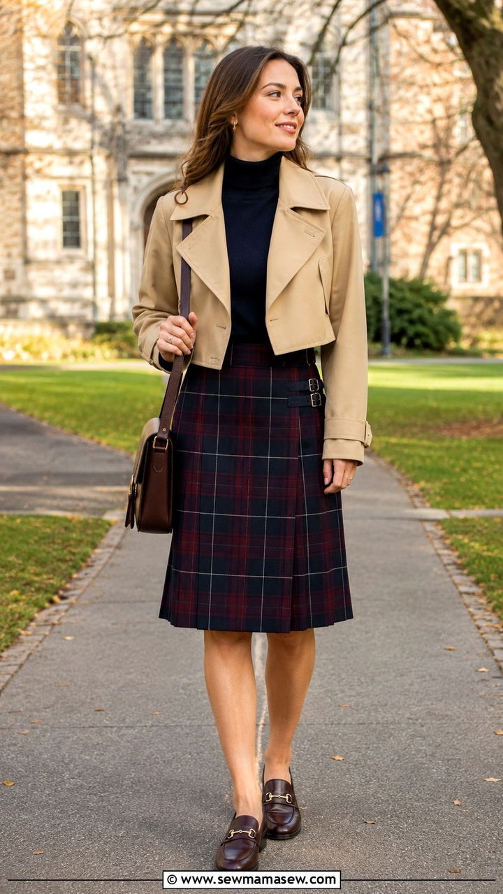 Cropped Trench Coat with Plaid Kilt Skirt - 30 transitional skirt outfit ideas