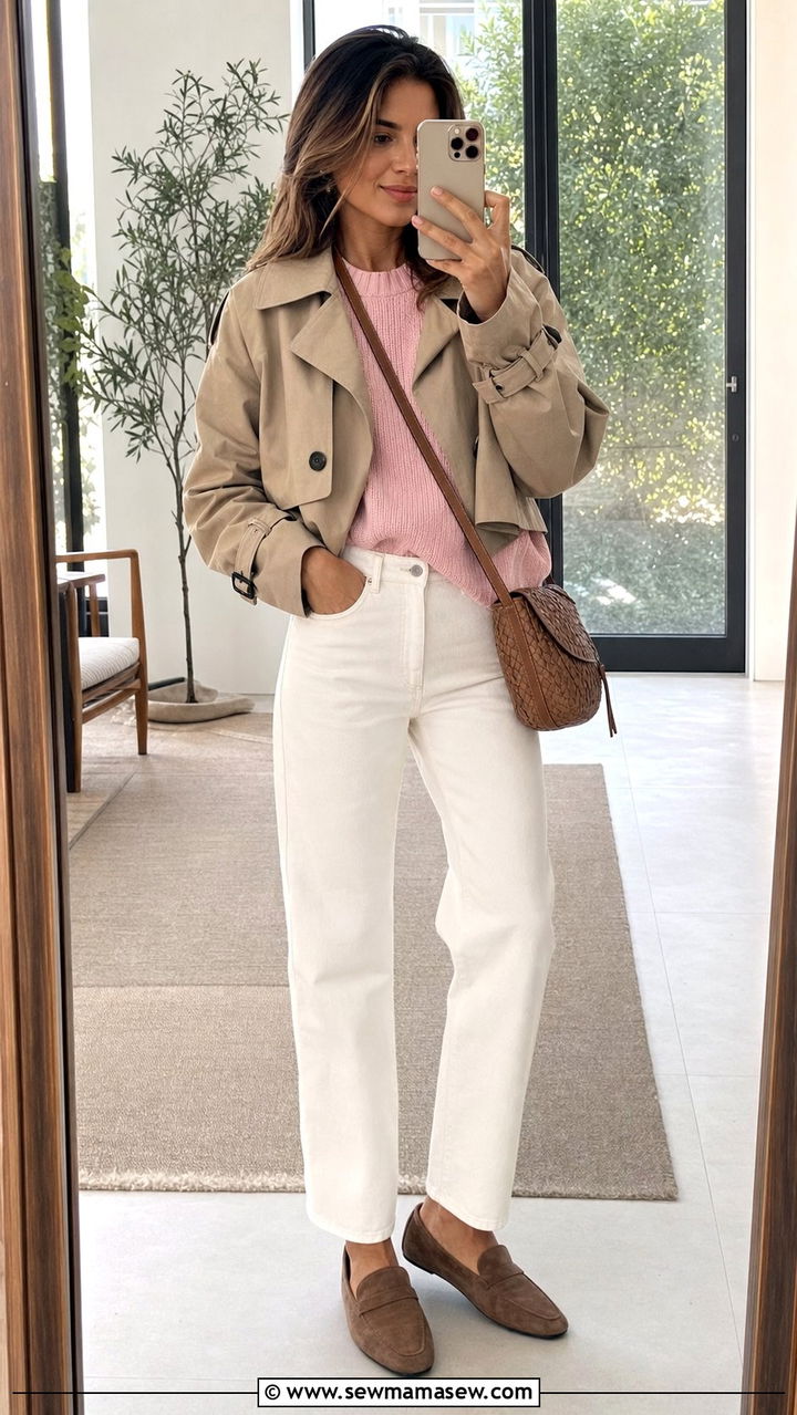 Cropped Trench Coat with White Jeans Outfit - 25 spring outfits 2026 women for women