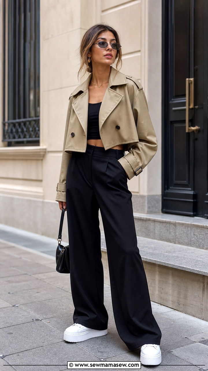 Cropped Trench Coat with Wide Leg Trousers and Platform Sneakers - 40 rainy day outfits