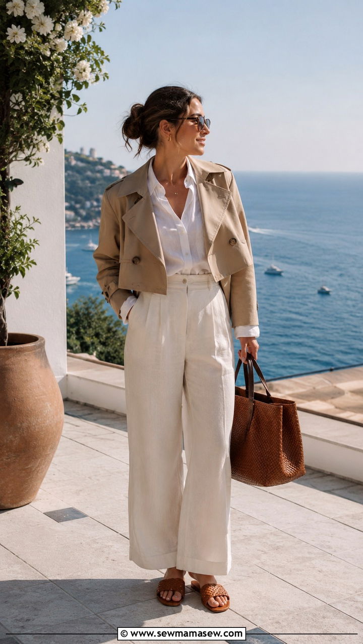 Cropped Trench Coat with a Button Down Shirt and Linen Pants - 20 how to style cropped trench outfits